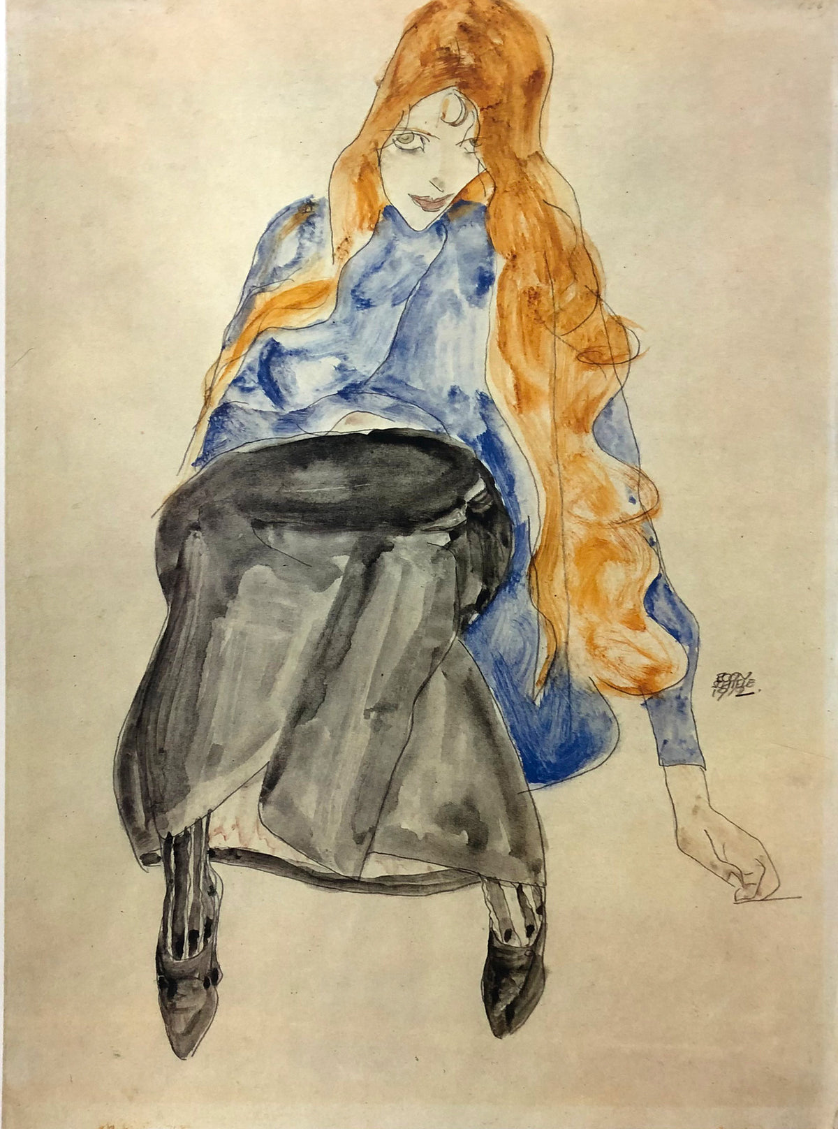 Egon Schiele - Long blonde hair girl sitting 1912