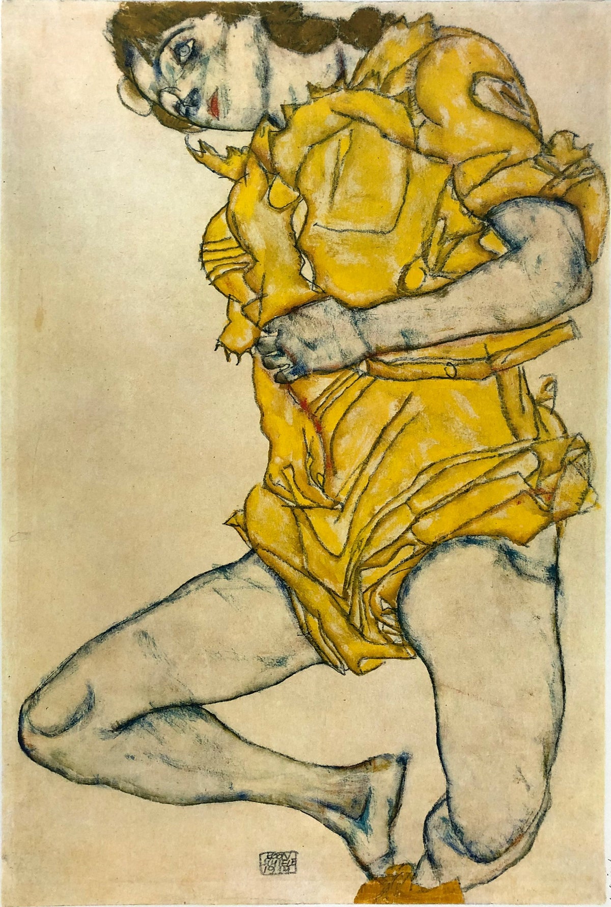 Egon Schiele - Female figure lying in yellow dress 1914