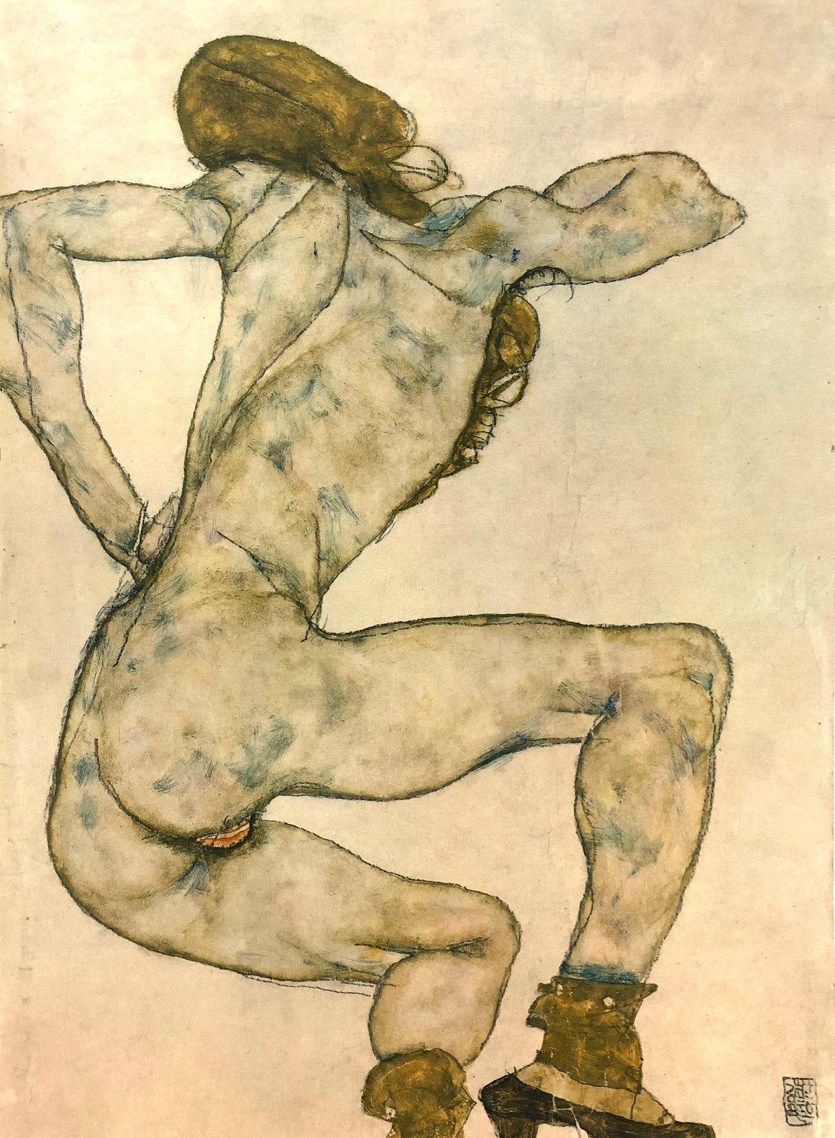Egon Schiele - Nude crouching with left arm on hip 1914